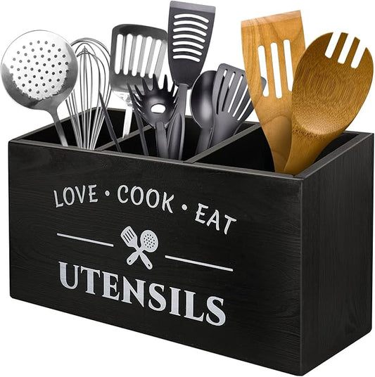 Wooden Utensil Holder with 3 Compartments for Kitchen Counter, Large Farmhouse Kitchen Decor & Rustic Spatula Holder, Heavy Duty Wood Cooking Utensil Crock Organizer for Spoons, Ladles & Tongs
