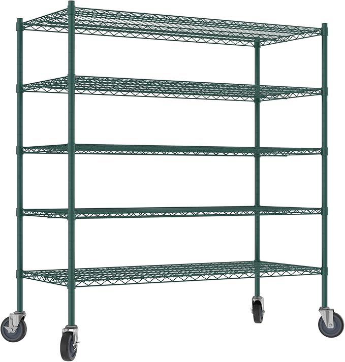 Commercial NSF Listed Green Epoxy Mobile Wire Shelving Kit 24" x 54" x 60", with 5 Shelves Perfect for Warehouse, Walk-in Refrigerator, Freezer, Grocery Store, Restaurant, Dishroom