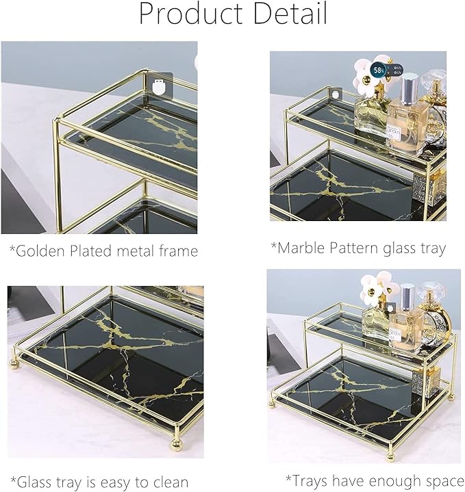 Simmer Stone Makeup Organizer Shelf, 2-Tier Cosmetic Storage Basket with Glass Tray, Wire Vanity Organizer Rack for Bathroom, Countertop, Dresser and More, Medium Size