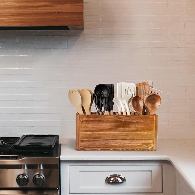 Extra Large Farmhouse Utensil Holder for Kitchen Counter, Large Wooden Utensil Holder with 4 Compartments