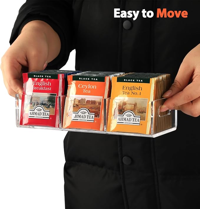 Tea Bag Organizer, Small Clear Tea Bag Holder for Drawer Kitchen Cabinets Pantry Countertops Organizers Storage, BPA-Free Acrylic Coffee Pods, Sugar Packets,Plastic Teabag Bins Home Organizer