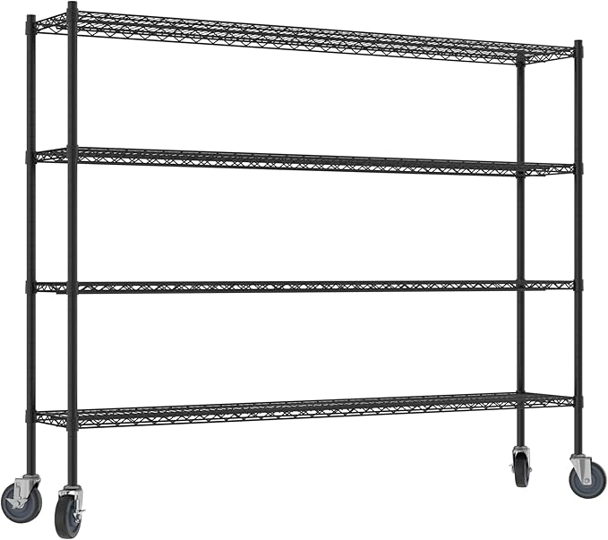Commercial NSF Listed Black Epoxy Mobile Wire Shelving Kit 14" x 72" x 60", with 4 Shelves Perfect for Warehouse, Walk-in Refrigerator, Freezer, Grocery Store, Restaurant, Dishroom