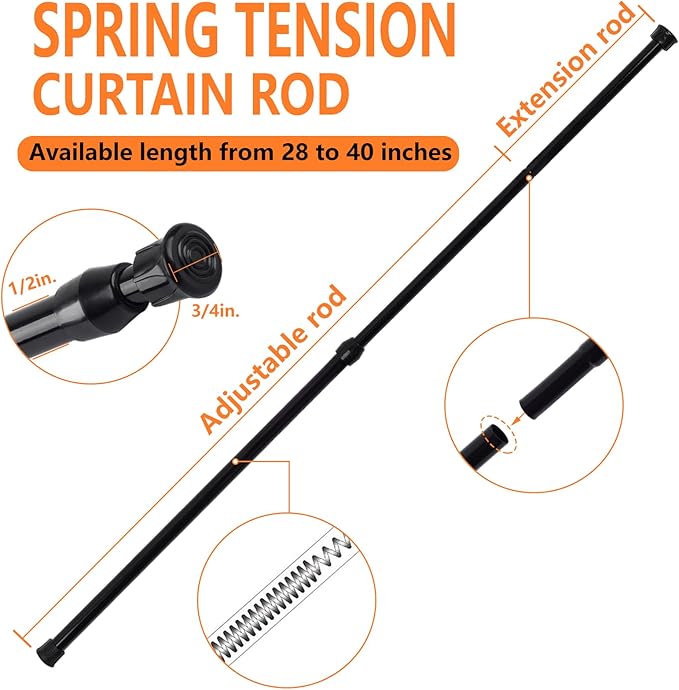KXLife 6Pcs Spring Tension Curtain Rod, 28 to 40 Inch Adjustable Expendable Tension Rods for Windows, Black Spring Loaded Curtain Rod No Drilling