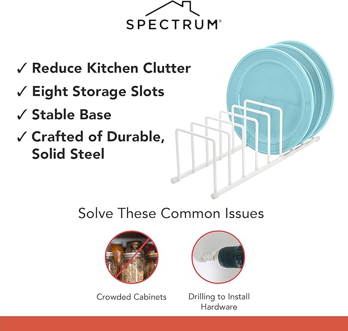 Spectrum Euro Cutting Board Holder Stand for Countertop or Inside Kitchen Cabinet Organization Matte White, 8 Slot Cutting Board Drying Rack or Cabinet Plate Bakeware Storage Organizer