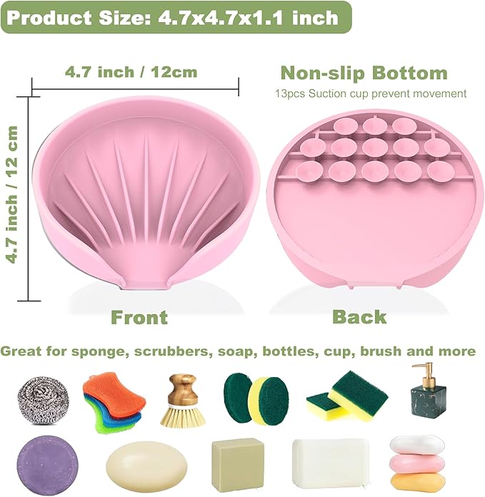Self Draining Soap Dish, Silicone Soap Holder with Suction Cup and Drain Spout, Kitchen Bathroom Sink Organizer, Dish Soap Bar Tray Savers Sponge Holder, Perfect for Dispenser, Scrubber, Bottle, Cup