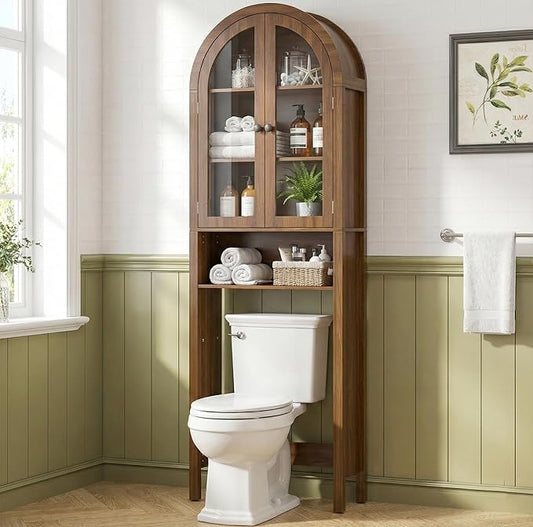 Arched Over The Toilet Storage Cabinet with Acrylic Doors, 4 Tier Small Bathroom Shelf Organizer, Mid Century Modern Bathroom Cabinet with Adjustable Shelf, Slim Narrow Arch Toilet Rack, Walnut