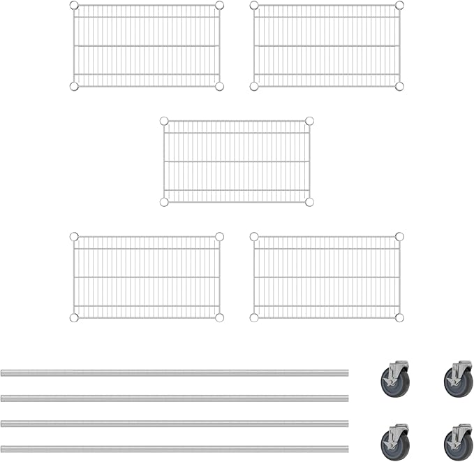 Commercial NSF Listed Chrome Mobile Wire Shelving Kit 14" x 24" x 60", with 5 Shelves Perfect for Warehouse, Walk-in Refrigerator, Freezer, Grocery Store, Restaurant, Dishroom