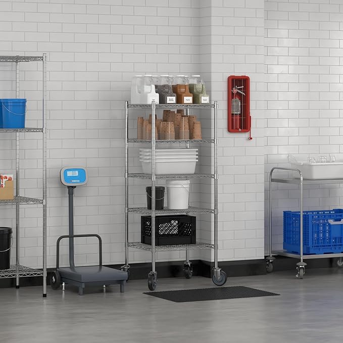 Commercial NSF Listed Chrome Mobile Wire Shelving Kit 21" x 24" x 60", with 5 Shelves Perfect for Warehouse, Walk-in Refrigerator, Freezer, Grocery Store, Restaurant, Dishroom