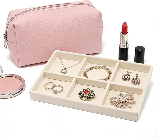 Velvet Jewelry Organizer Trays Beige Stackable Jewelry Storage Display Tray with Removable Dividers, 6 Grids