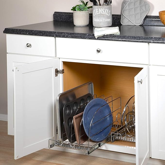 Pull-Out Divider Rack for Sliding Kitchen Drawers - Set of 6 Dividers to Secure Bakeware, Cutting Boards, Trays and Cookie Sheets, Heavy-Duty Chrome Organizer for Cabinets, Pantry & More.