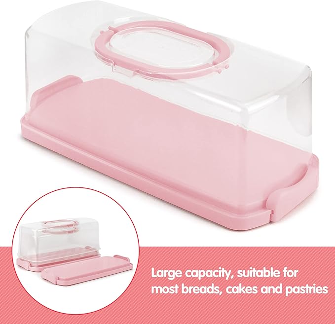 2-Pack Plastic Rectangular Bread Box with Clear Lid, Loaf Cake Keeper, Portable Bread Keeper Storage Container with Handle (Pink)
