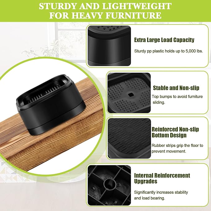 4 Pack Furniture Risers 1 Inch, Adjustable Bed Risers Heavy Duty for Table Desk Couch Chair Sofa Cabinet Bed Legs Dorm, Square Stackable Bed Raisers Blocks Lift Height 1", 2" or 3", Black