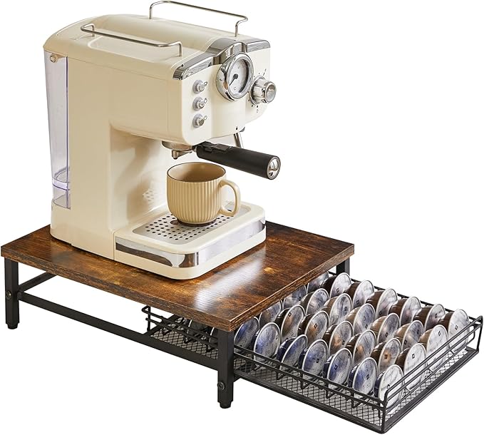 IBUYKE Coffee Pod Drawer Holder,40 Capsule Pods,Compatible for Nespresso Vertuo Pods,Wooden Top and Mesh Shelves,Home Kitchen Counter Coffee Bar Organizer, Rustic Brown,TCJ101H
