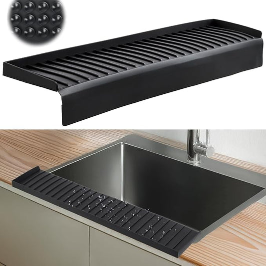 AyNirser Sink Edge Protector with Suction Cup 4"x20", Silicone Sink Splash Guard for Kitchen & Bathroom, Protect Countertop from Scratches, Stains, for Stainless Steel Granite Quartz-Black