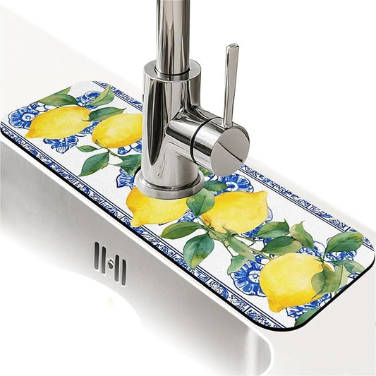 Kitchen Sink Splash Guard，Lemons and blue tiles Faucet Mat Sink Gadgets-Super Absorbent Fast Drying Mat Drip Catcher for Kitchen, Bathroom,Sink Mat, Dish Drying Mat, Bathroom(15" X 5.5" )