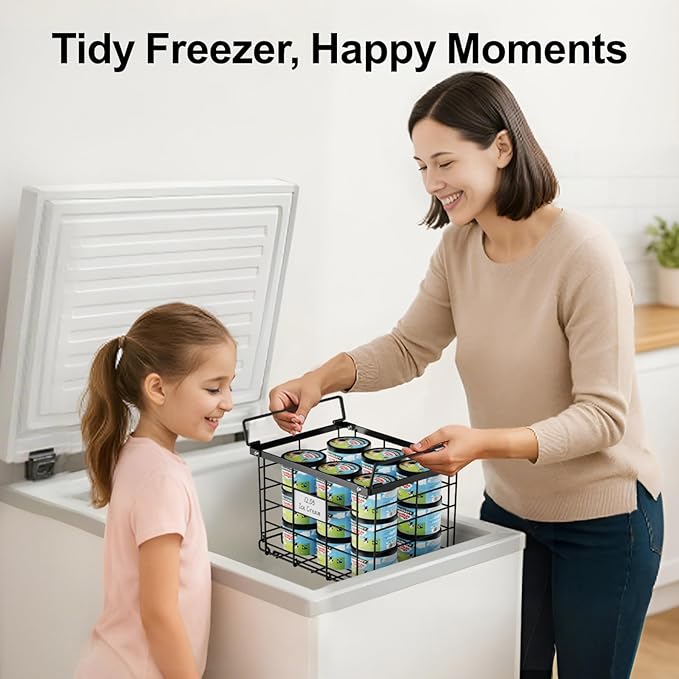 iSPECLE Freezer Organizer Bins - for 3.5 Cu.Ft Deep Freezer, 3 Pack Stackable Chest Freezer Organizer Bins with Label Plates & Folding Handles, Heavy Duty Metal Storage, Assembly Required, Black