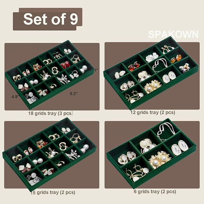 SPAKOWN Jewelry Organizer for Drawer Set of 9, Velvet Jewelry Tray Stackable Jewelry Organizer Display Trays Divided Earring Storage Containers (Green)