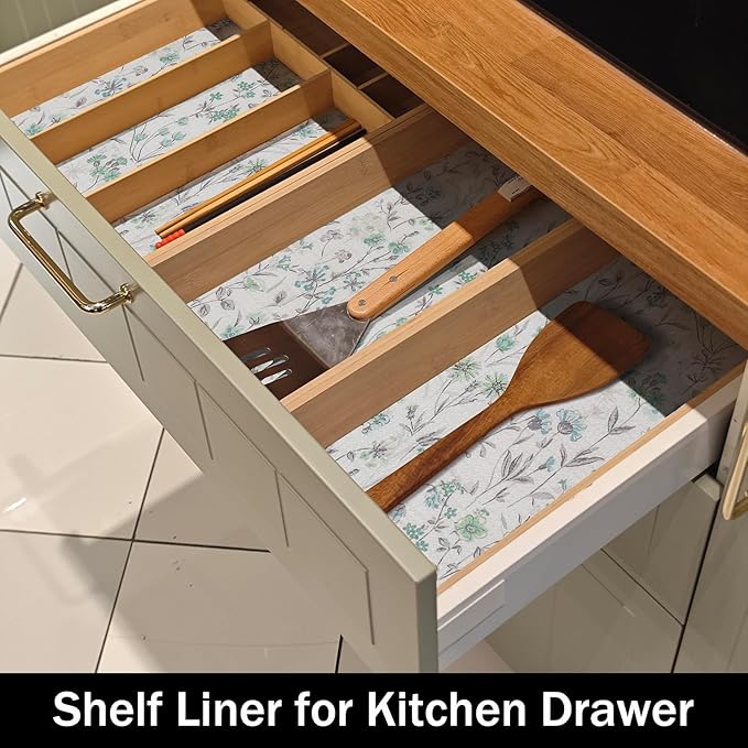Amiitay Blue and Green Floral Shelf Liners Non Adhesive and Strong Non-Slip Shelf and Drawer Liners for Kitchen Cabinet Wire Fridge, Waterproof Shelf Drawer Liner,Easy to Clean,12IN x 10FT