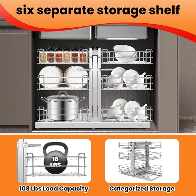 17" W Pull Out Blind Corner Cabinet, Heavy Duty Blind Corner Cabinet Pull Out Shelves,Soft Close Magic Corner with 6 Basket