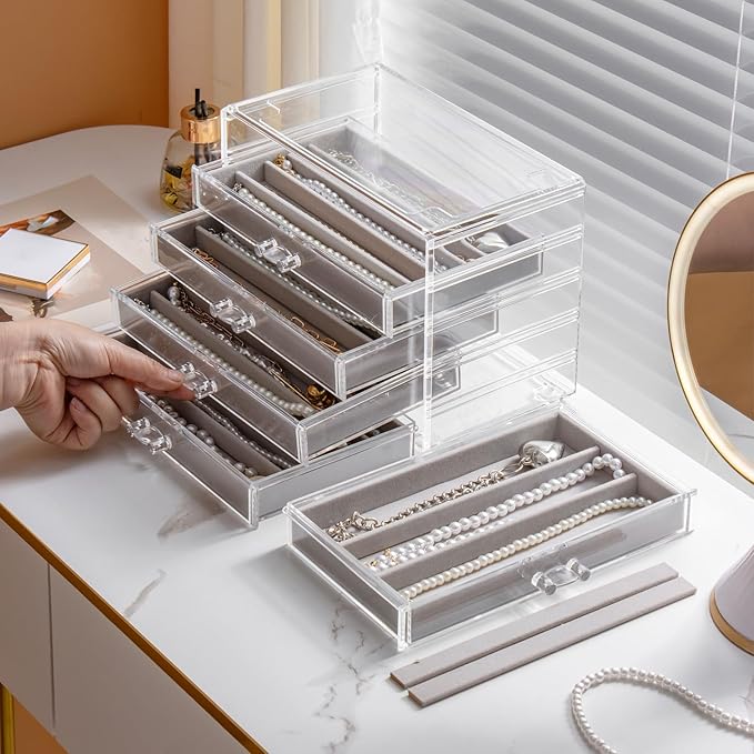 Necklace Holder Organizer, Dustproof Necklace Box Velvet Necklace Organizer Box with Lid Clear Acrylic Dustproof Stackable Jewelry Displays for Necklaces Chain Display (Gray, 5 Drawer)