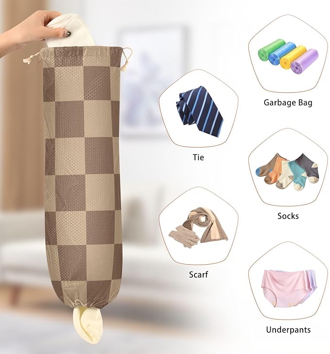 Plastic Bag Holder Wall Mount Grocery Bag Shopping Bag Storage Holder Organizer Dispenser with Adhesive Hook,for Kitchen Bathroom Home Decor 9x22 Inches Checkered Brown03