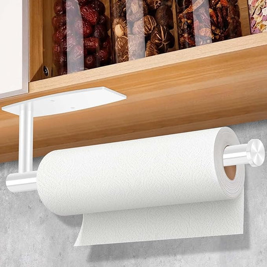 White Paper Towel Roll Rack - Under Cabinet Stainless Steel Towel Holder - Self Adhesive or Drilled Mount - 200 lbs Max Weight