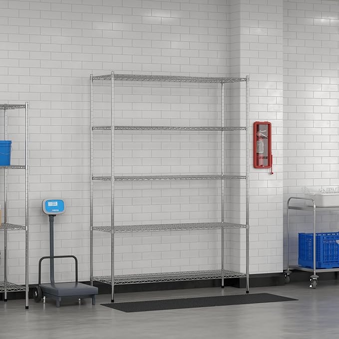 Commercial NSF Listed Chrome Stationary Wire Shelving Kit 21" x 60" x 86", with 5 Shelves Perfect for Warehouse, Walk-in Refrigerator, Freezer, Grocery Store, Restaurant, Dishroom