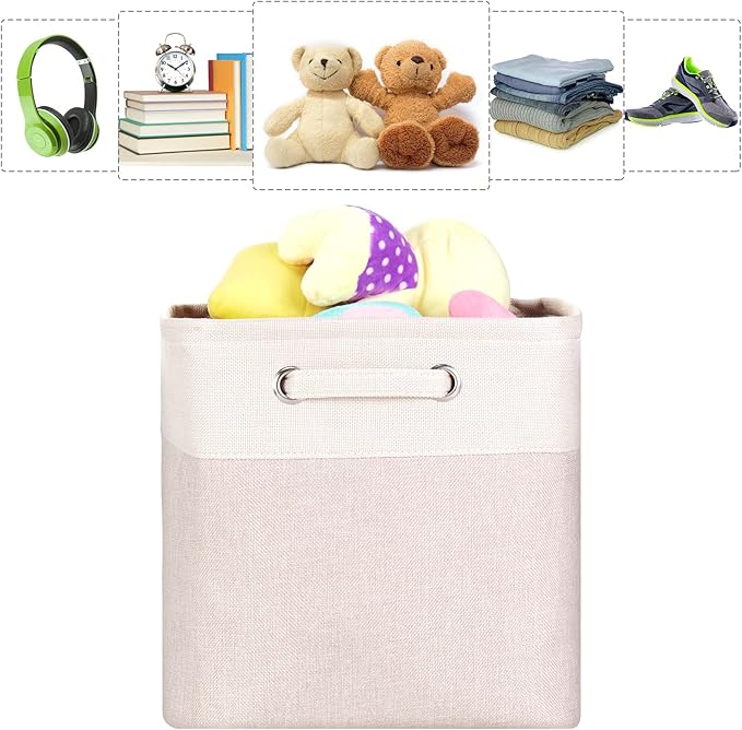SYYOFUE 3 Pack 13x13x13 Storage Cube Bins with Handles, Beige Fabric Storage Baskets Heavy Duty Foldable - Cloth Organizer Bins for Closet, Shelf, Office (13 Inch Cube Storage Bins)
