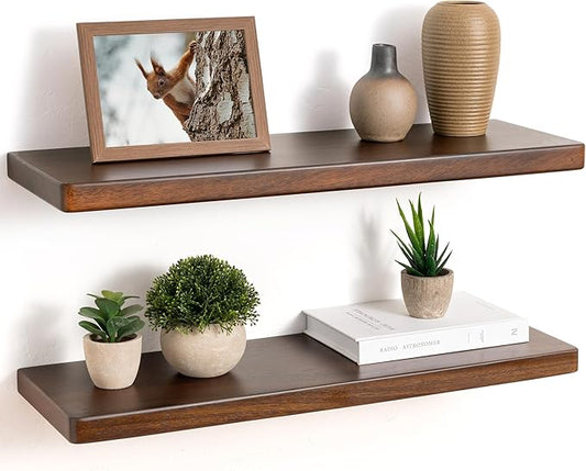 24" Rustic Walnut Wood Floating Shelves, 8 Inch Deep Wall Shelves for Home Decor, Wall Mounted Floating Shelf with Invisible Bracket, Heavy-Duty Storagefor Living Room, Bedroom, Kitchen, Set of 2