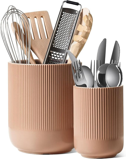 LE TAUCI Utensil Holder, 7.3"+5.4" Ceramic Kitchen Utensil Holder for Countertop, Large Cooking Utensil Crocks for Kitchen Counter, Modern Utensil Organizer for Spatula, Set of 2, Dusty Pink