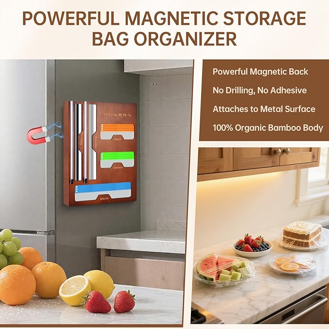 Magnetic Ziplok Bag Organizer for Refrigerator or Drawer, Natural Bamboo Foil and Plastic Wrap Organizer with Cutter, Storage Bag Holder for Gallon, Quart, Sandwich, Snack Food Bags