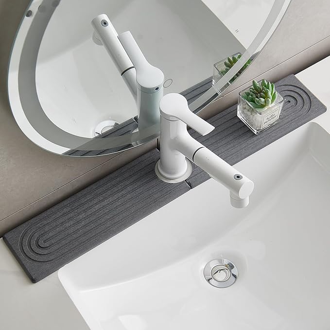 ODE TO ORDER 23.6 Inch Water-Absorbing Stone Faucet Mat for Kitchen Sink Bathroom Counter，Dark Grey Diatomite Drying Stone Mat, Sink Stone Tray Protector,Prevent Moisture Sink Splash Guard