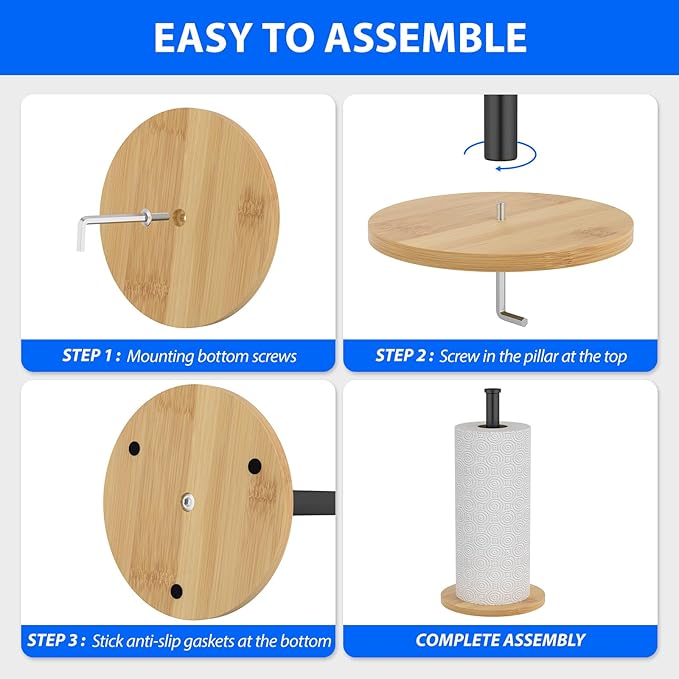 Paper Towel Holder Countertop, Weighted Wooden Base, Stainless Steel, FreeStanding, Easy Install, Durable, Ideal for Home,RV,Bathroom,Farmhouse Essentials Decor Accessories (Black)
