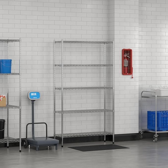 Commercial NSF Listed Chrome Stationary Wire Shelving Kit 14" x 42" x 74", with 5 Shelves Perfect for Warehouse, Walk-in Refrigerator, Freezer, Grocery Store, Restaurant, Dishroom
