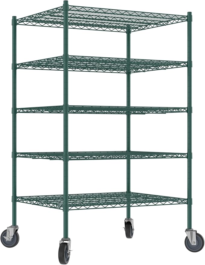 Commercial NSF Listed Green Epoxy Mobile Wire Shelving Kit 30" x 36" x 60", with 5 Shelves Perfect for Warehouse, Walk-in Refrigerator, Freezer, Grocery Store, Restaurant, Dishroom