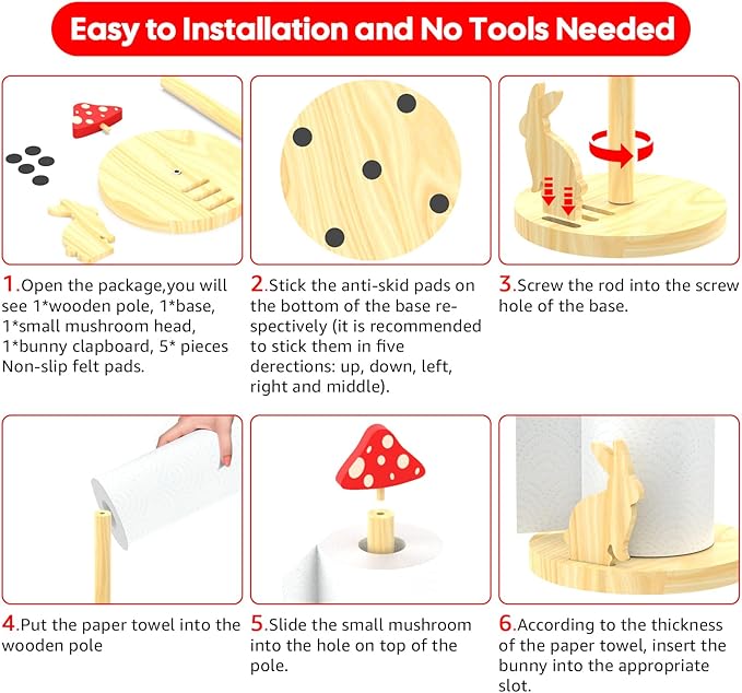Paper Towel Holder, Mushroom Cottagecore Decor Kitchen Paper Roll Stand, Rustic Countertop Towel Dispenser Wooden, Farmhouse Cute Paper Hanger Rack with Whimsical Animal-Inspired Design
