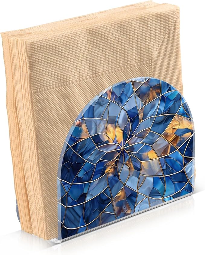 Stained Glass Blue Pattern Napkin Holder for Table Paper Napkins Holder Acrylic Tissue Dispenser Kitchen Dining Room Bathroom Party Car Decor