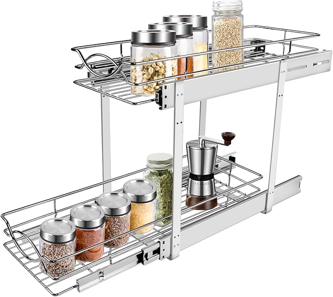 Pull Out Cabinet Organizer 9" W x 21" D 2-Tier Individual Slide Out Drawer Pantry Shelf Storage for Kitchen Base Cabinet Organization for Kitchen, Bathroom, Pantry, Chrome