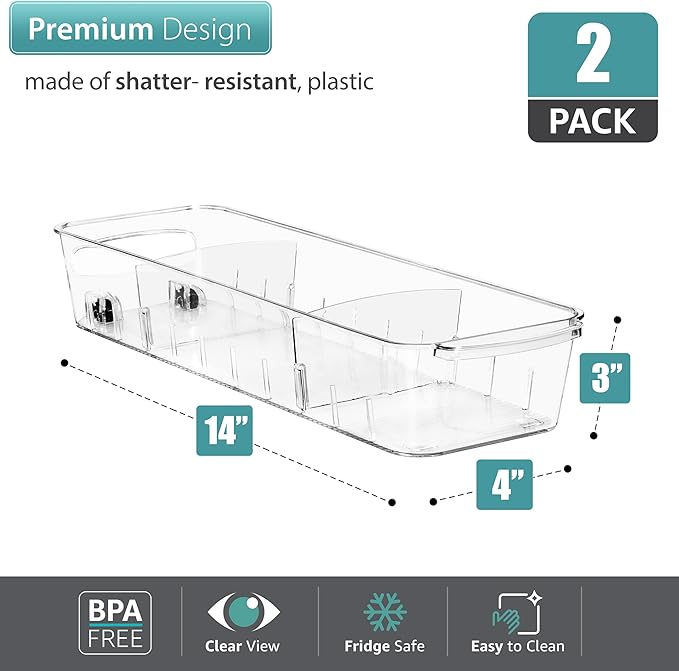 Sorbus Fridge Organizer on Wheels - Rolling Fridge Organizers and Storage Clear Design with Dividers & Handles for Kitchen Organization and Storage (Flat Top, Small - 2 Pack)