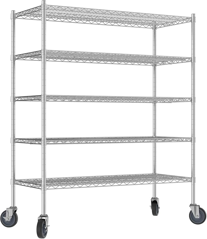 Commercial NSF Listed Chrome Mobile Wire Shelving Kit 21" x 48" x 60", with 5 Shelves Perfect for Warehouse, Walk-in Refrigerator, Freezer, Grocery Store, Restaurant, Dishroom