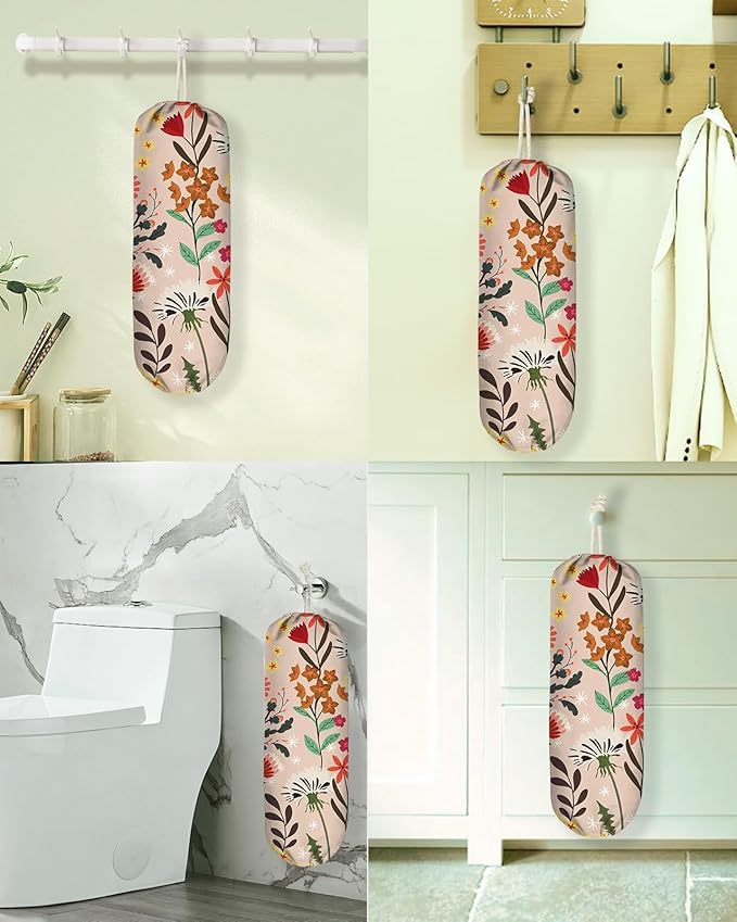 Plastic Bag Holder Organizer - 1 Pack Reusable Canvas Grocery Bags Holder Hanging Wall Cute Aesthetic Shopping Bag Storage Dispenser with Drawstring Closure for Kitchen Home, Dandelion