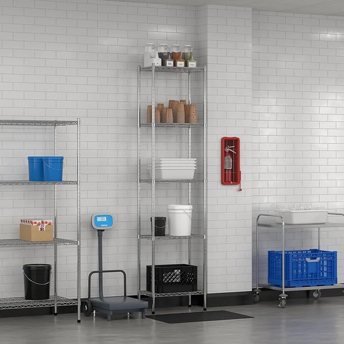 Commercial NSF Listed Chrome Stationary Wire Shelving Kit 14" x 24" x 96", with 5 Shelves Perfect for Warehouse, Walk-in Refrigerator, Freezer, Grocery Store, Restaurant, Dishroom