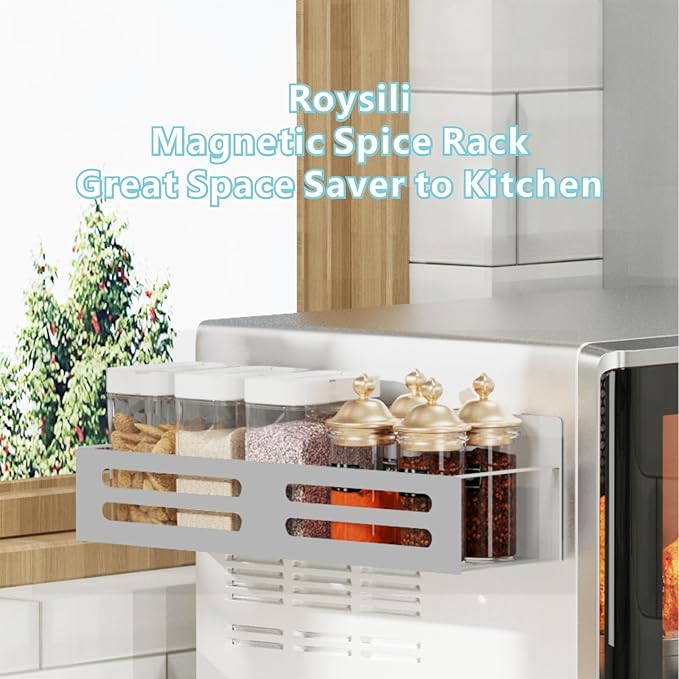 Roysili Magnetic Spice Rack for Refrigerator, Metal Spice Rack Organizer, Magnetic Shelf for Fridge 4Pack Grey