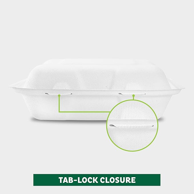 Freshware Clamshell Food Containers with Lids [8x8"] 3-Compartment 100-Pack, Disposable To Go Containers, Biodegradable Sugarcane To Go Boxes - Paper Container - Microwave & Freezer Safe, Stackable