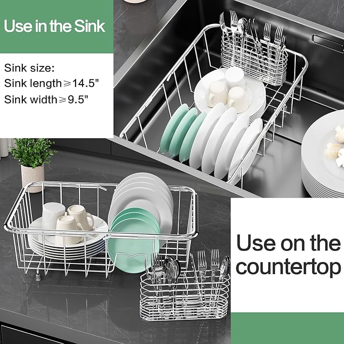 Dish Drainer Rack in Sink Adjustable, Expandable 304 Stainless Steel Metal Dish Drying Rack Organizer with Stainless Steel Utensil Holder Over Inside Sink Counter, Rustproof