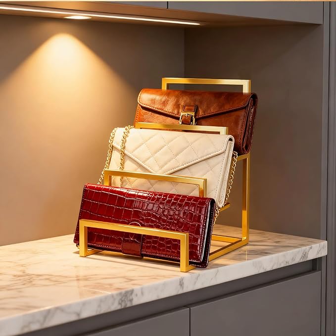 4-Tier Wallet Display Stand 2 Pack Gold , Metal Purse Organizer for Closet Countertop, Handbag Holder Rack Riser Shelf for Wallets Clutch Bags Retail Boutique Store Display