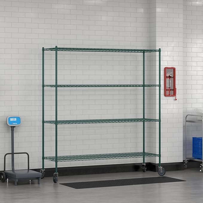 Commercial NSF Listed Green Epoxy Mobile Wire Shelving Kit 21" x 72" x 80", with 4 Shelves Perfect for Warehouse, Walk-in Refrigerator, Freezer, Grocery Store, Restaurant, Dishroom