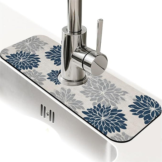 Kitchen Sink Splash Guard，Navy and gray floral Faucet Mat Sink Gadgets-Super Absorbent Fast Drying Mat Drip Catcher for Kitchen, Bathroom,Sink Mat, Dish Drying Mat, Bathroom(15" X 5.5" )