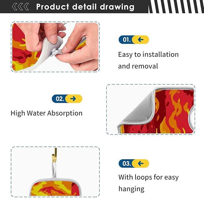 2 PCS Kitchen Sink Splash Guard 30 Inch Faucet Mat for Kitchen Sink Bathroom Sink Faucet Absorbing Drip Drain Mat Pad Microfiber Soft Washable Red and Yellow Flame