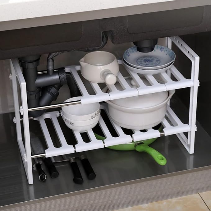 Under Sink Organizer Shelf, 2 Tier Expandable Under Sink Shelf, Retractable Multifunction Under Sink Cabinet Storage Shelf Rack for Kitchen Bathroom